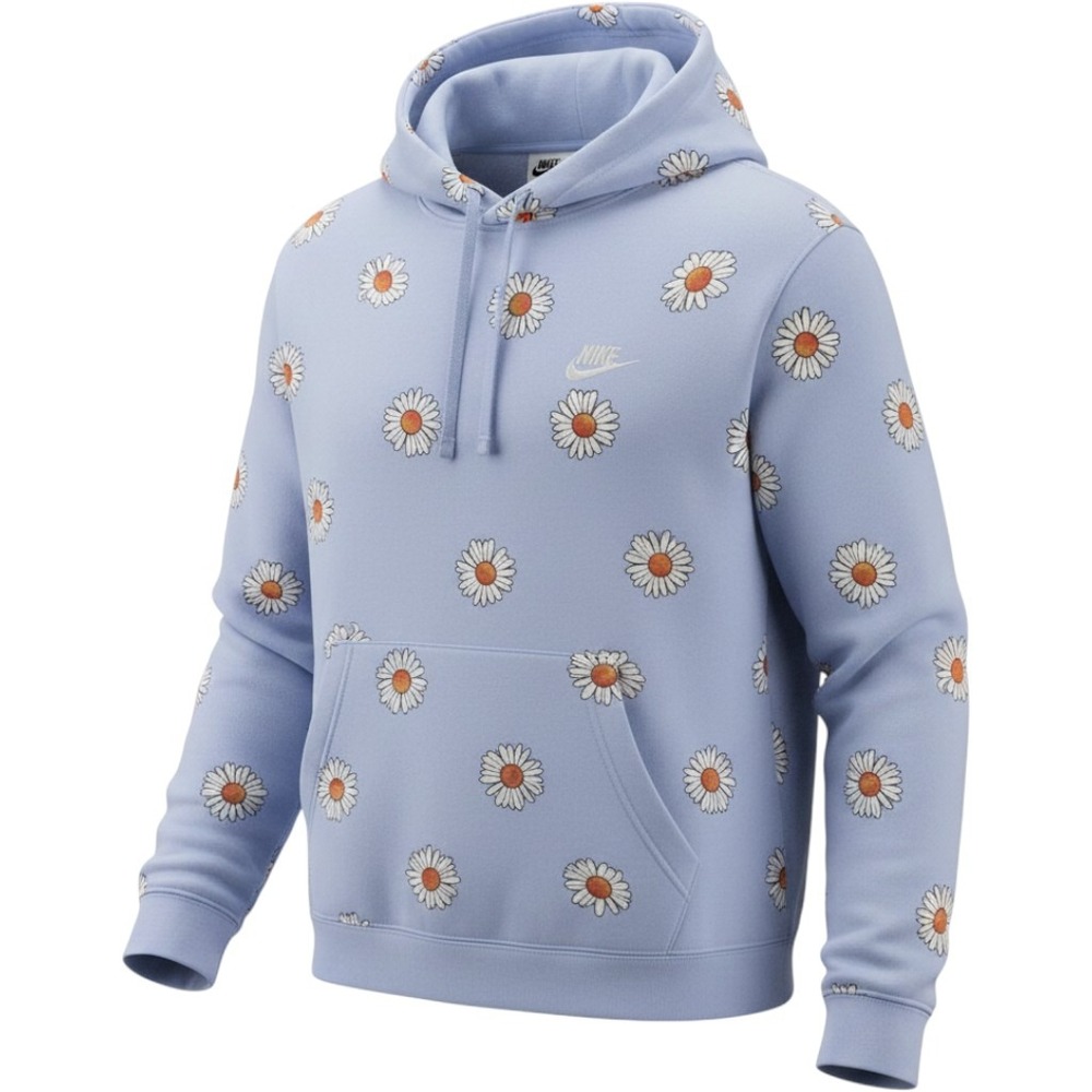 Nike Womens Daisy Floral Print Hoodie Light Blue Pullover Sweatshirt Medium